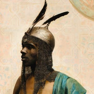 Close-up detail of The Nubian Guard by Charles Knighton Warren: the feathered helmet and chainmail veil.