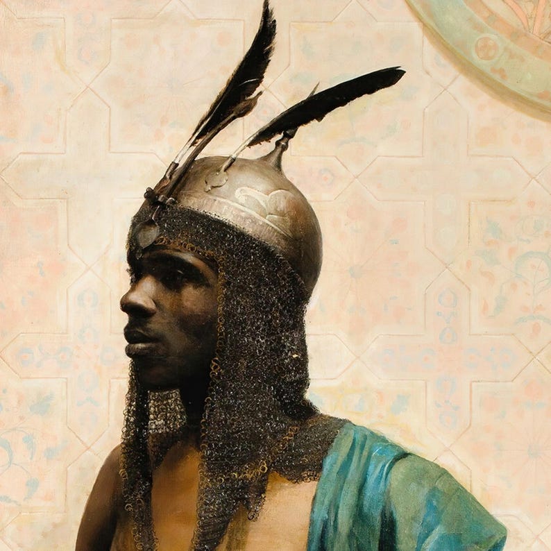 Close-up detail of The Nubian Guard by Charles Knighton Warren: the feathered helmet and chainmail veil.