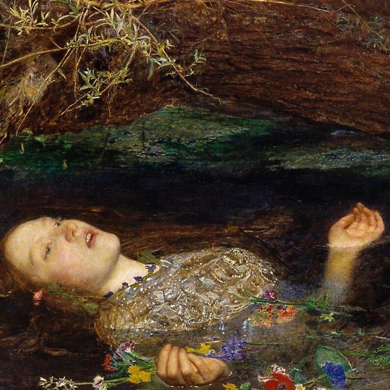 May include: An oil painting depicting a person floating in dark water, wearing a textured, light-colored garment adorned with various colorful wildflowers. The person has long hair spread in the water, with one hand raised and one hand submerged.