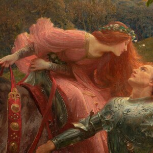 May include: An oil painting depicting a figure with long red hair wearing a pink dress and a floral crown, leaning toward a figure in silver metal armor. The armored figure is positioned below, looking up at the figure in the pink dress.
