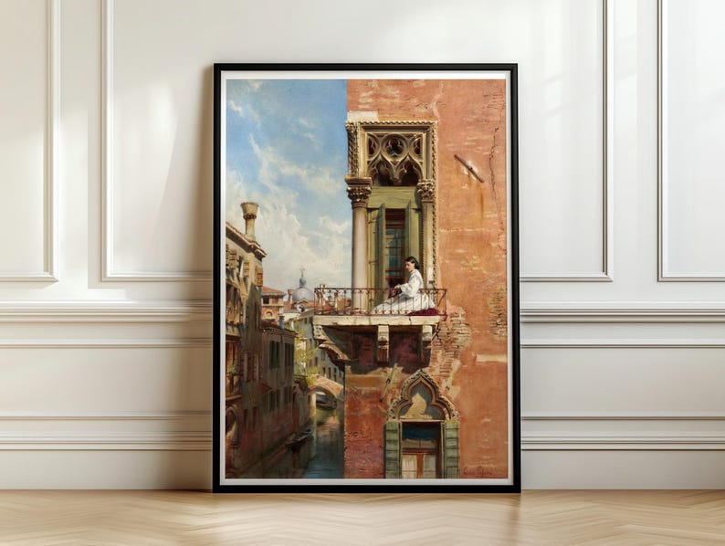 Venice Balcony Portrait Print, Anna Passini Vintage Watercolour, Venetian Canal Wall Art Poster