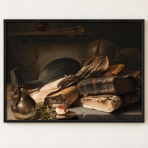 May include: A framed still life painting featuring a dark, moody composition of antique leather-bound books, a metallic pitcher, a small glass, a piece of bread on a plate, a lute, and a globe, all arranged on a stone surface in a dim room.