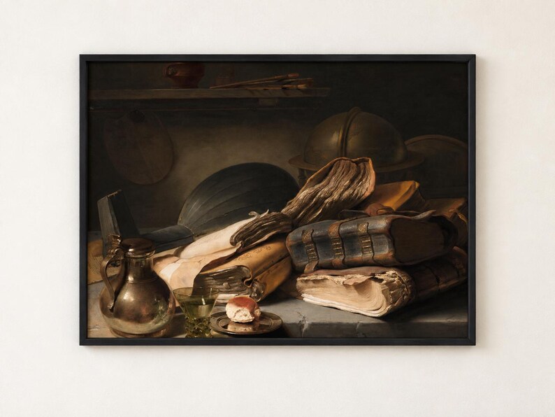 Still Life with Books by Jan Lievens poster, old books, lute case and globe on a table