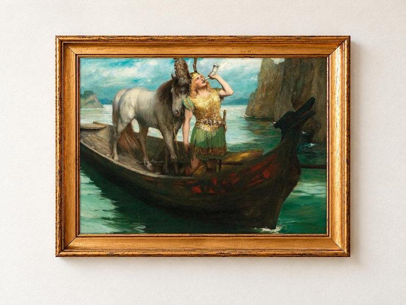 Siegfried's Rhine Journey by Ferdinand Leeke, 1908, as a framed print in a gold frame. Siegfried in a winged helmet and gold armour blows a horn in a dragon-prowed boat beside a white horse, on green water below grey cliffs.