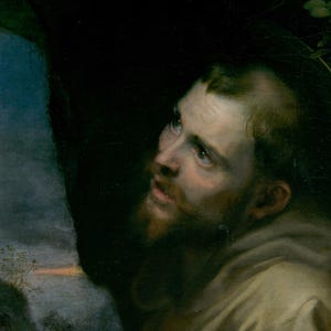 May include: An oil painting detail showing a man with a short beard and receding hairline, wearing a light beige hooded garment. The figure looks upward with an expressive gaze, set against a dark, shadowed background with blue tones.