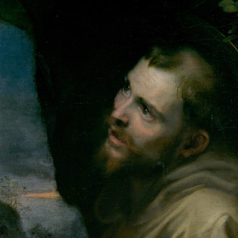 May include: An oil painting detail showing a man with a short beard and receding hairline, wearing a light beige hooded garment. The figure looks upward with an expressive gaze, set against a dark, shadowed background with blue tones.