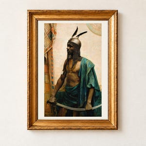 The Nubian Guard by Charles Knighton Warren, 1883. A guard in a feathered steel helmet with a chainmail veil and a sea green cloak holds a long curved sword in both hands before a patterned tiled wall and carpet, on an off-white border.