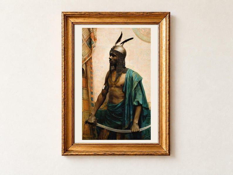 The Nubian Guard by Charles Knighton Warren, 1883. A guard in a feathered steel helmet with a chainmail veil and a sea green cloak holds a long curved sword in both hands before a patterned tiled wall and carpet, on an off-white border.