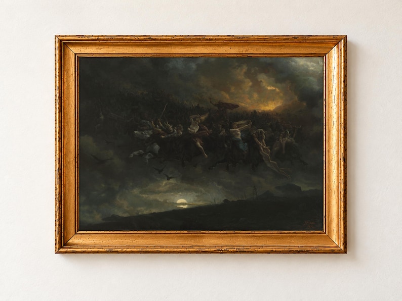 The Wild Hunt of Odin by Peter Nicolai Arbo, 1872, as a framed print in a gold frame. A host of ghostly riders on dark horses charges across a stormy night sky, with ravens below and a pale moon low over the hills.