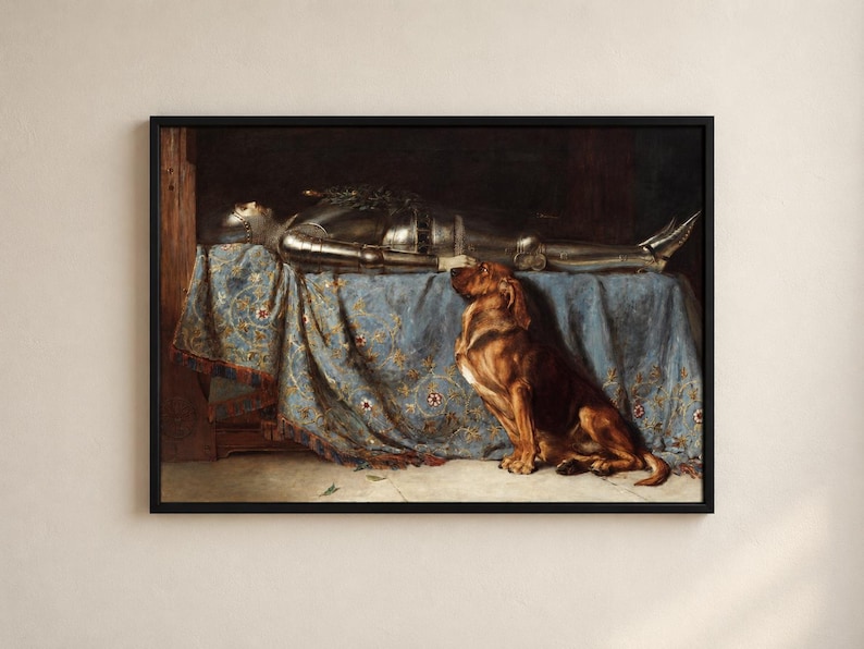 May include: A framed wall art print depicting a figure in full silver metal plate armour lying horizontally on a table covered with a blue floral patterned cloth, while a brown dog sits attentively beside the table looking toward the figure.