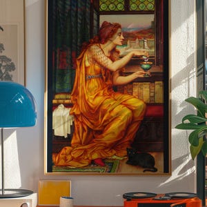The Love Potion Print, Evelyn De Morgan 1903 Pre Raphaelite Wall Art, Black Cat Poster