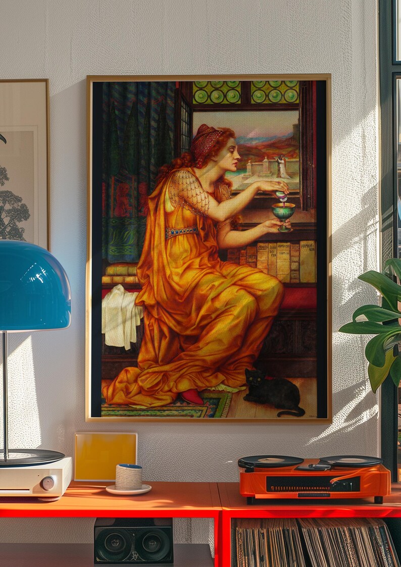 The Love Potion Print, Evelyn De Morgan 1903 Pre Raphaelite Wall Art, Black Cat Poster