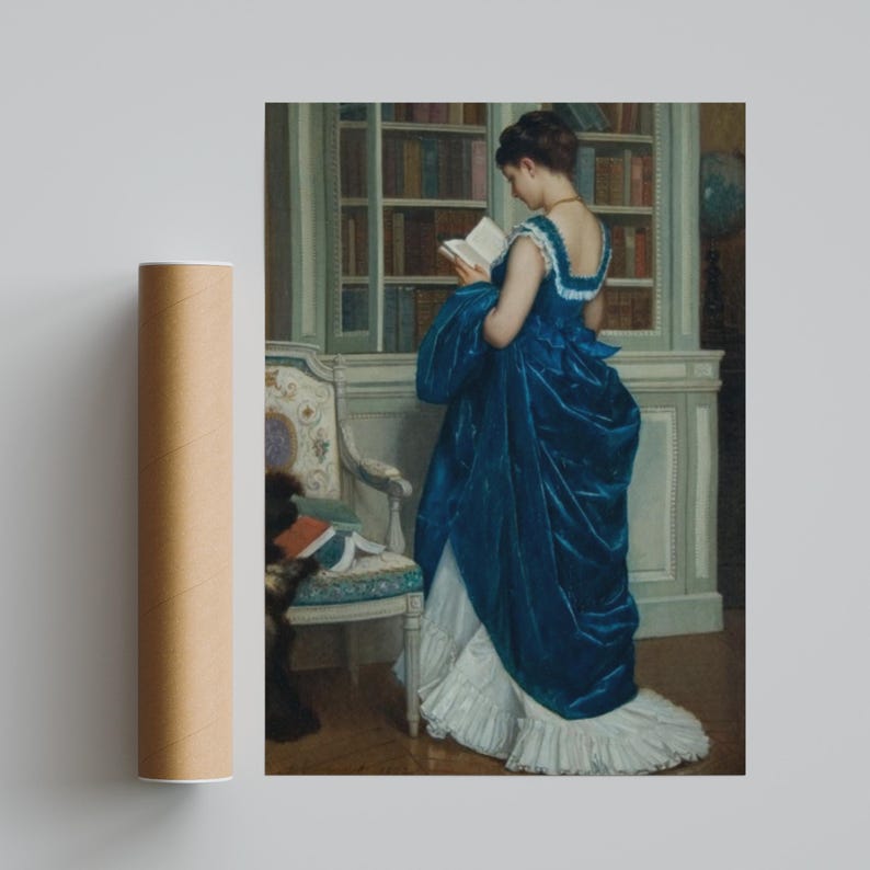 In the Library Toulmouche 1872 Poster, Victorian Woman Reading Book Wall Art