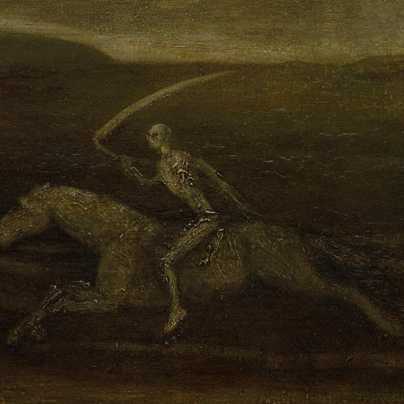 May include: An oil painting depicting a skeletal figure riding a dark horse across a desolate landscape. The figure holds a curved scythe raised high in the air. The color palette consists of muted, dark earth tones, browns, and grays.