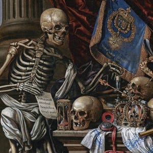 Close-up of the artwork's skull and hourglass details