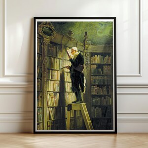 Carl Spitzweg artwork in a black frame on a paneled wall with a wooden floor