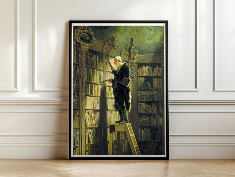 Carl Spitzweg artwork in a black frame on a paneled wall with a wooden floor