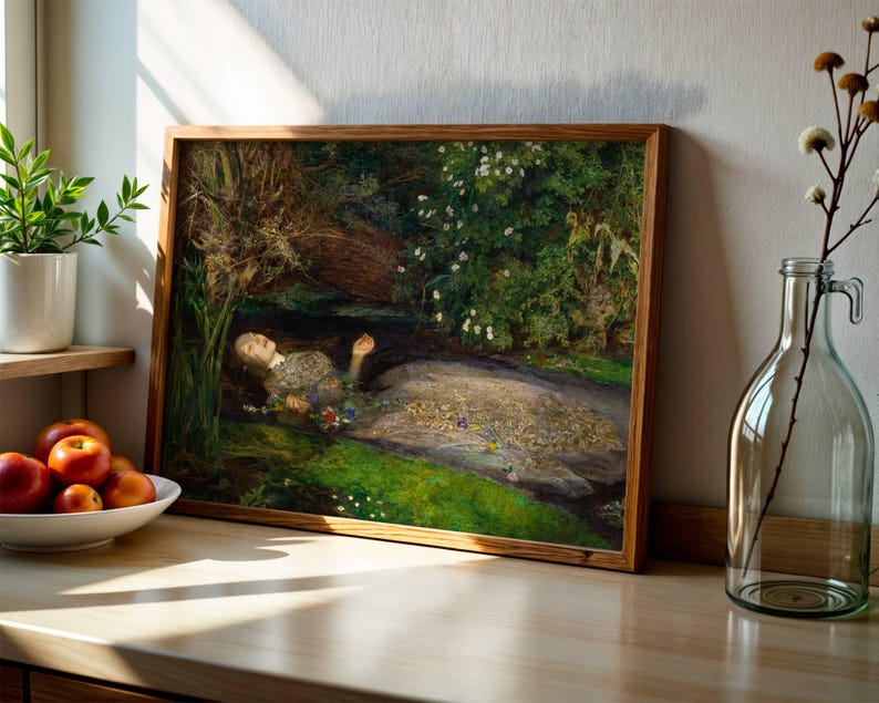 Ophelia by Millais Pre-Raphaelite poster, Shakespeare floral river wall art, dark academia decor