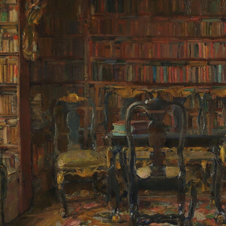 May include: An oil painting depicting a library interior with dark wooden bookshelves filled with numerous books. Two dark-toned chairs with gold-colored upholstery and carved frames are positioned in front of a table holding a stack of books.