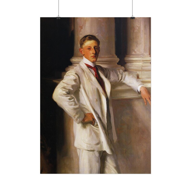 May include: An oil painting depicting a person with short brown hair wearing a white double-breasted suit jacket and matching trousers. A red necktie is visible beneath the white collared shirt. The figure stands before a large stone column.