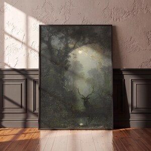 Moonlit Forest Stag Art Print, Misty Woodland Poster, Dark Academia Wall Art, Vintage Landscape