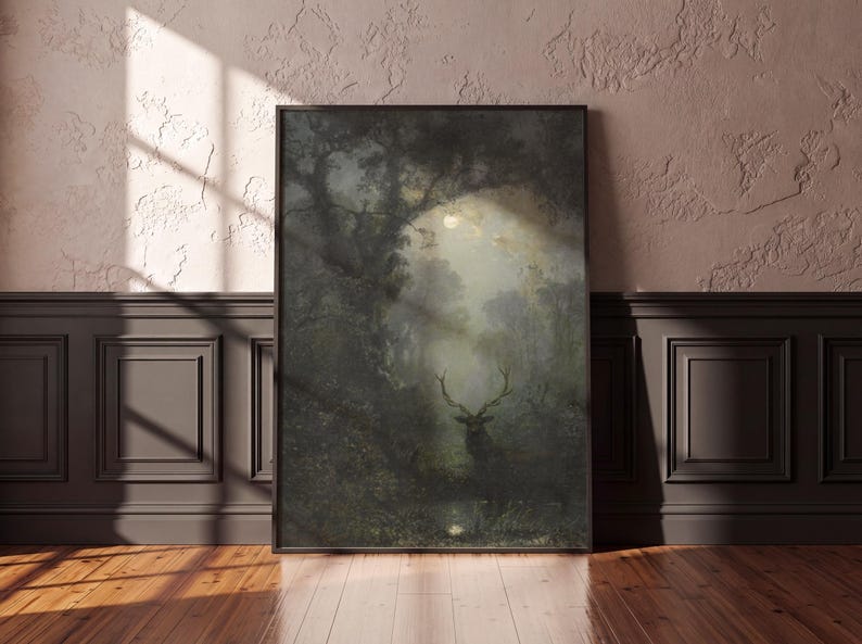 Moonlit Forest Stag Art Print, Misty Woodland Poster, Dark Academia Wall Art, Vintage Landscape