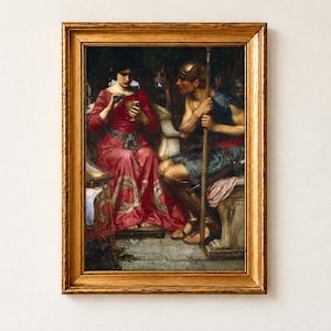 Jason and Medea by John William Waterhouse, 1907, as a framed print in an antique gold frame on a cream wall. Medea, in a crimson gown, pours a potion into a golden cup while Jason, in armour with a bronze helmet and spear, sits watching her.