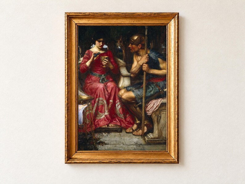 Jason and Medea by John William Waterhouse, 1907, as a framed print in an antique gold frame on a cream wall. Medea, in a crimson gown, pours a potion into a golden cup while Jason, in armour with a bronze helmet and spear, sits watching her.