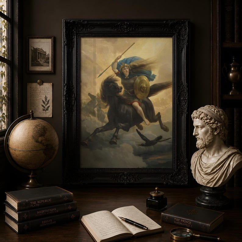 Valkyrie on Black Horse, Norse Mythology Wall Art, Peter Nicolai Arbo Painting, Viking Warrior Art