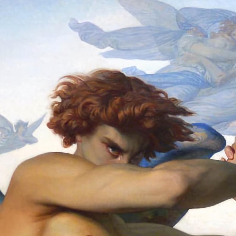 May include: A painting depicting a figure with wavy auburn hair and a pale complexion, shielding their face with an arm. In the background, ethereal blue-toned figures with wings are visible against a light, cloud-like sky.