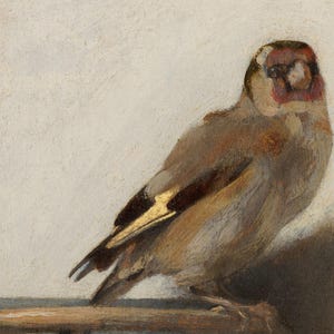 May include: An oil painting of a goldfinch perched on a thin branch. The bird features a distinctive red face mask, a white and black head pattern, and brown feathers with a prominent yellow wing bar, rendered with visible brushstrokes.