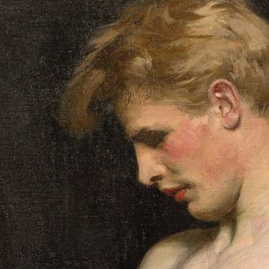 Puede incluir: Un detalle de pintura al &oacute;leo que muestra el perfil de una persona con cabello casta&ntilde;o claro, piel clara y tonos rosados visibles en la mejilla. El sujeto mira hacia abajo sobre un fondo negro texturizado con pinceladas visibles.