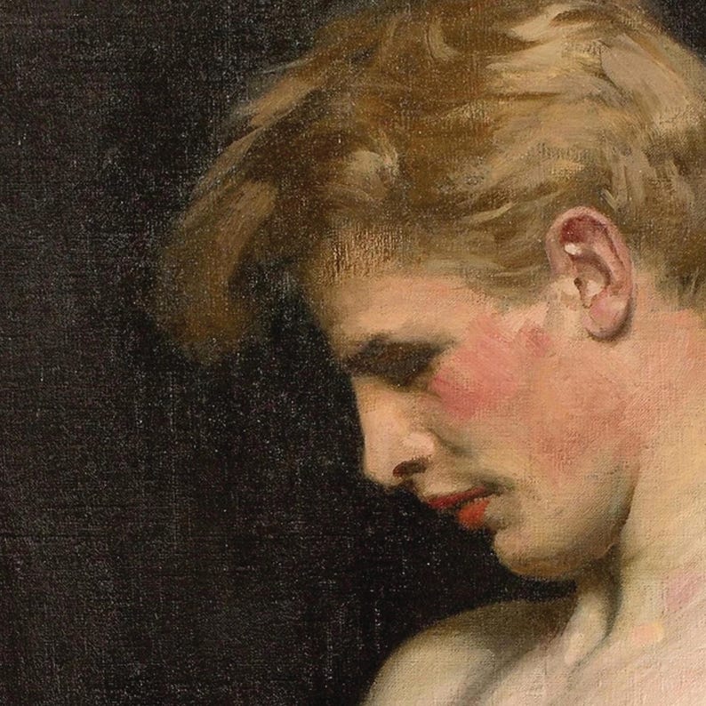 Puede incluir: Un detalle de pintura al &oacute;leo que muestra el perfil de una persona con cabello casta&ntilde;o claro, piel clara y tonos rosados visibles en la mejilla. El sujeto mira hacia abajo sobre un fondo negro texturizado con pinceladas visibles.