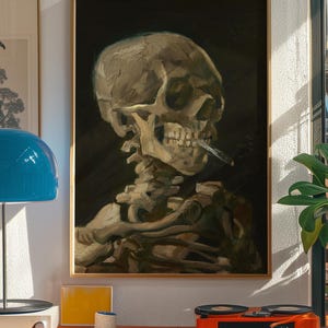 Skull with Burning Cigarette Van Gogh, Vintage Skeleton Wall Art, Gothic Memento Mori Poster