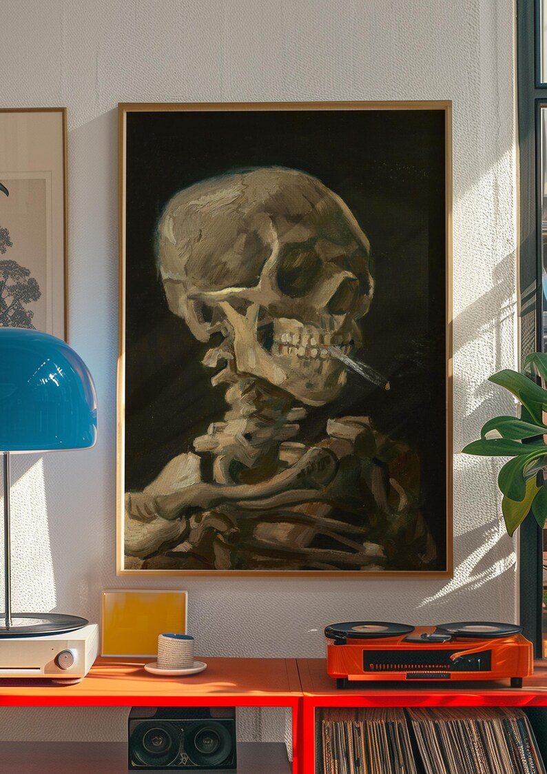 Skull with Burning Cigarette Van Gogh, Vintage Skeleton Wall Art, Gothic Memento Mori Poster