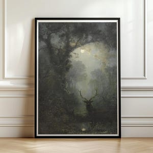 Moonlit Forest Stag Art Print, Misty Woodland Poster, Dark Academia Wall Art, Vintage Landscape