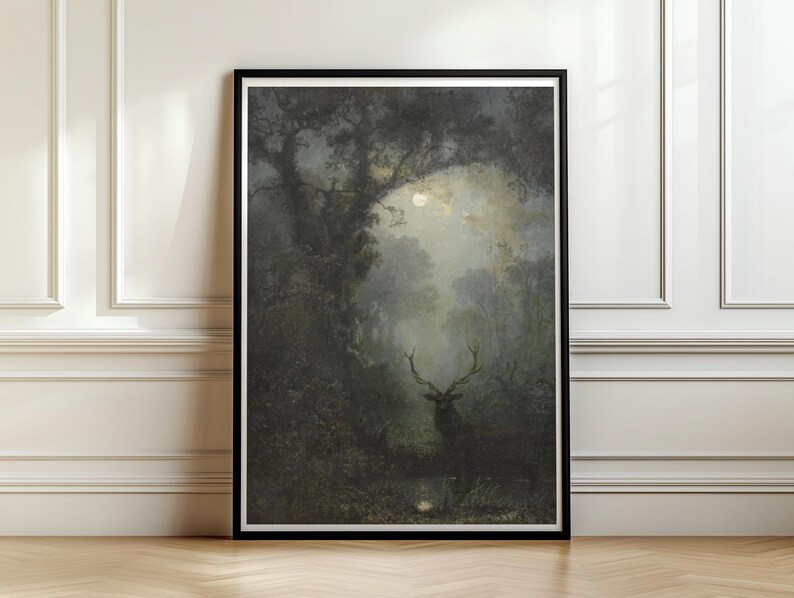 Moonlit Forest Stag Art Print, Misty Woodland Poster, Dark Academia Wall Art, Vintage Landscape