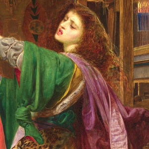 May include: An oil painting depicting a person with long, wavy auburn hair, wearing a vibrant green robe draped over a purple garment. The figure is positioned near a wooden loom, with a textured, patterned fabric visible in the background.