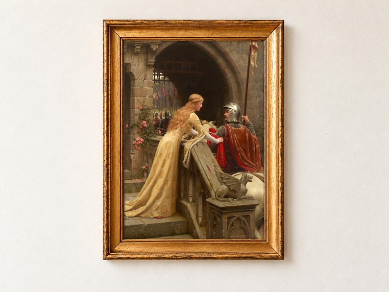 God Speed by Edmund Blair Leighton, 1900. A woman with long golden hair in a gold gown leans from a stone stair with pink roses to tie a red sash to the arm of a mounted knight in a helmet and chain mail.