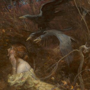 Close-up of The Haunted Wood by Arthur Rackham: the woman among the branches and the two birds above her.