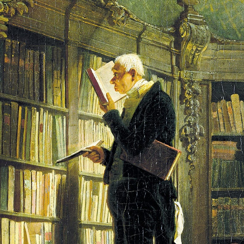 Close-up of The Bookworm by Carl Spitzweg, c. 1850. The white-haired scholar peers at an open book held to his face, another book in his outstretched hand and a red leather volume tucked under his arm, against shelves of old books.