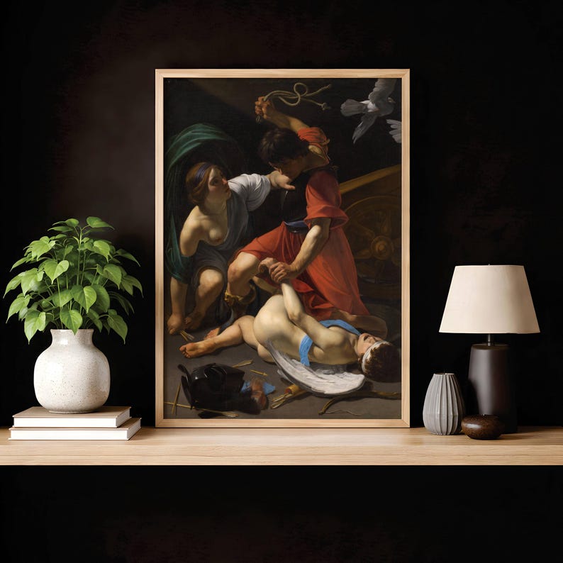 May include: A framed wall art print depicting a dramatic scene with a figure in a red tunic holding a whip over a reclining figure with white wings, while a woman in a blue and white garment looks on, set against a dark background.