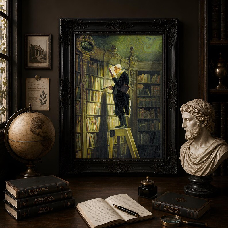 Artwork in a dark ornate frame surrounded by books, a globe, and a bust