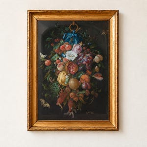 Festoon of Fruit and Flowers by Jan Davidsz de Heem, 1660 to 1670. A garland of grapes, lemons, plums, a split pomegranate and roses hangs from a gold ring and blue ribbon in a dark stone niche, with butterflies at the edges.