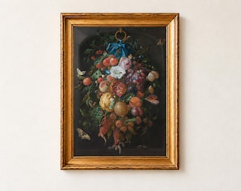 Festoon of Fruit and Flowers Print, Jan de Heem Still Life Painting, Kitchen Wall Art