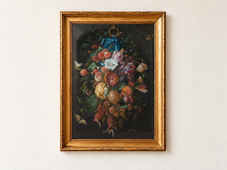 Festoon of Fruit and Flowers by Jan Davidsz de Heem, 1660 to 1670. A garland of grapes, lemons, plums, a split pomegranate and roses hangs from a gold ring and blue ribbon in a dark stone niche, with butterflies at the edges.