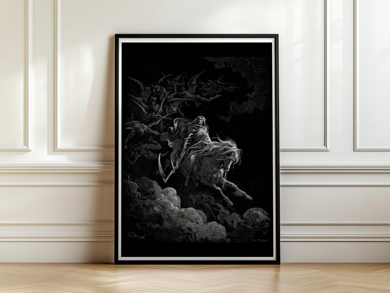 Death on the Pale Horse Print, Gustave Dore Engraving, Gothic Wall Art, Grim Reaper Poster