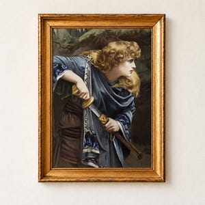 Imogen by Herbert Gustave Schmalz, 1888. A young woman with golden curls and a blue cloak grips a sword hilt and scabbard and looks back over her shoulder against dark rocks.