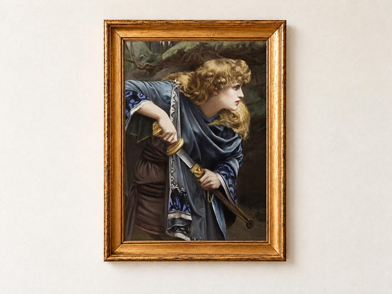 Imogen by Herbert Gustave Schmalz, 1888. A young woman with golden curls and a blue cloak grips a sword hilt and scabbard and looks back over her shoulder against dark rocks.