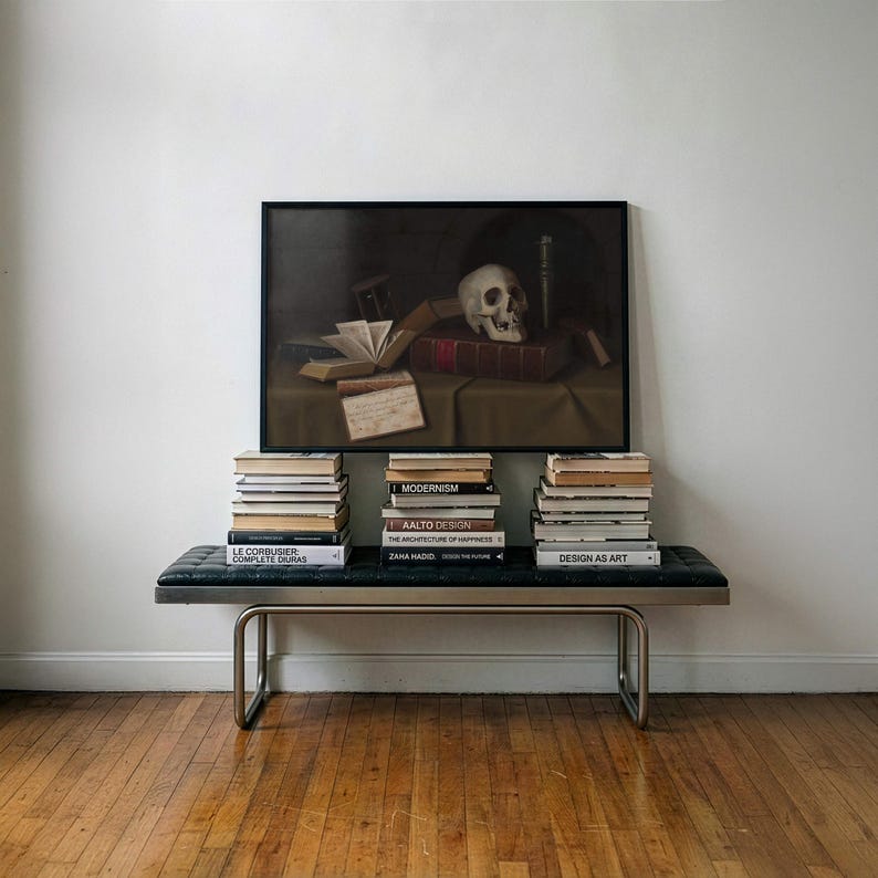 Memento Mori by Harnett poster, skull on Shakespeare book beside a candle stub and hourglass